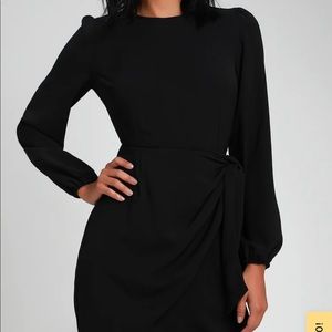 Lulu’s Believe It or Knot Black Long Sleeve Tie-Front Skater Dress